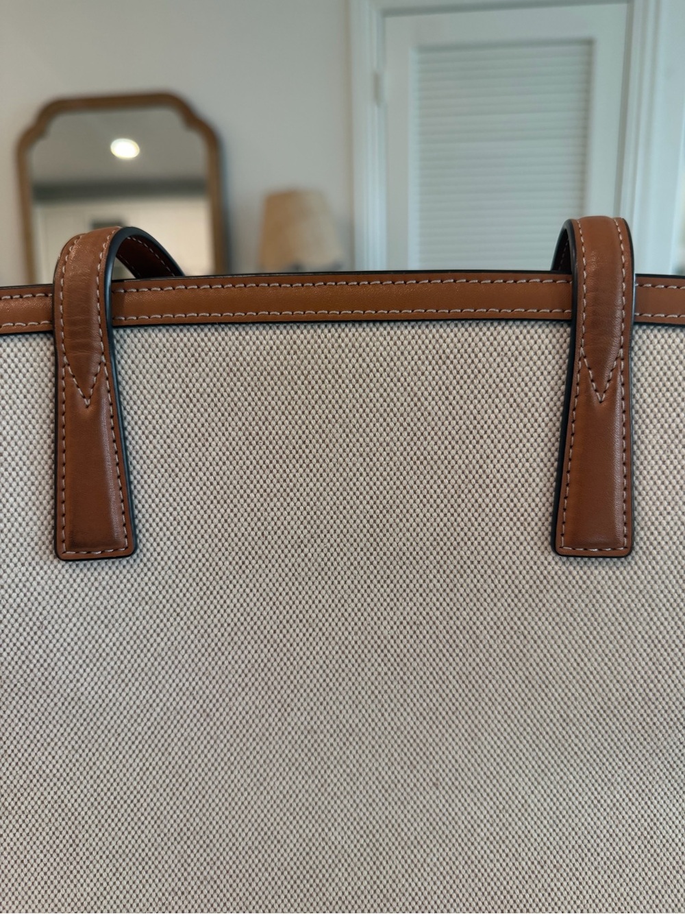 Tory Burch Neutral Canvas Tote with Tan Leather Trim and Striped Strap - Picture 15 of 16